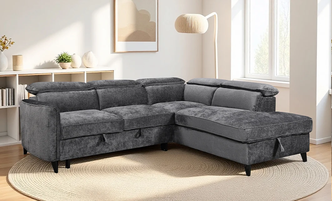 Colțar Extensibil Harmony KF7905 cu Ladă Depozitare, Șezlong Dreapta, Gri Închis