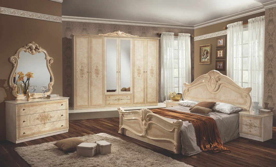 Dormitor Clasic Amalfi Beige cu Saltea, Somieră și Dulap 6 Uși Incluse 2