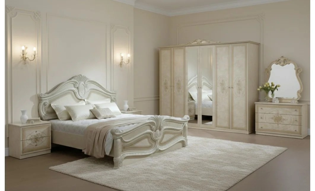 Dormitor Clasic Amalfi Beige cu Saltea, Somieră și Dulap 6 Uși Incluse