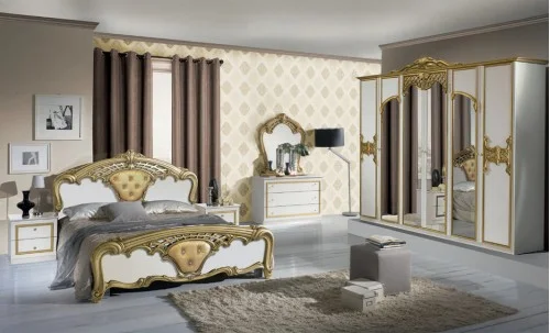 Dormitor Clasic Eva Bianco Gold cu Dulap 6 Uși
