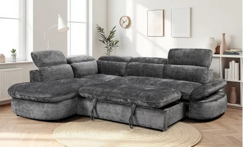 Colțar Extensibil Cremona KF7933 cu Ladă Depozitare, Șezlong Stânga, Gri