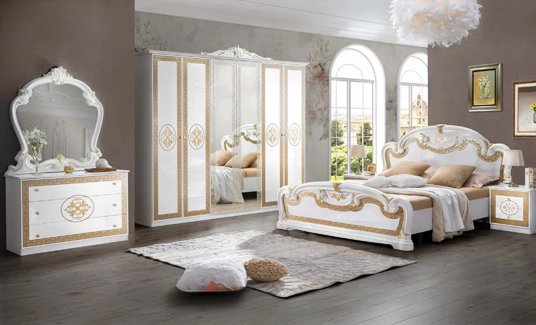Dormitor Clasic Paloma Bianco Gold cu Dulap 6 Uși