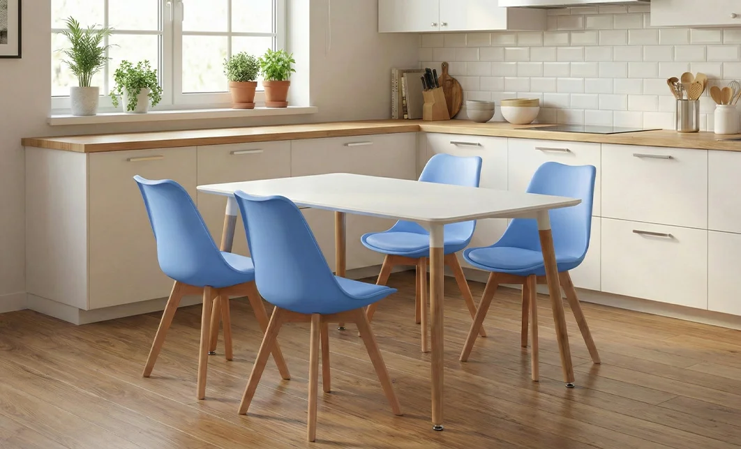 Set Masă Living SL673 Alba cu 4 Scaune J900 Albastre