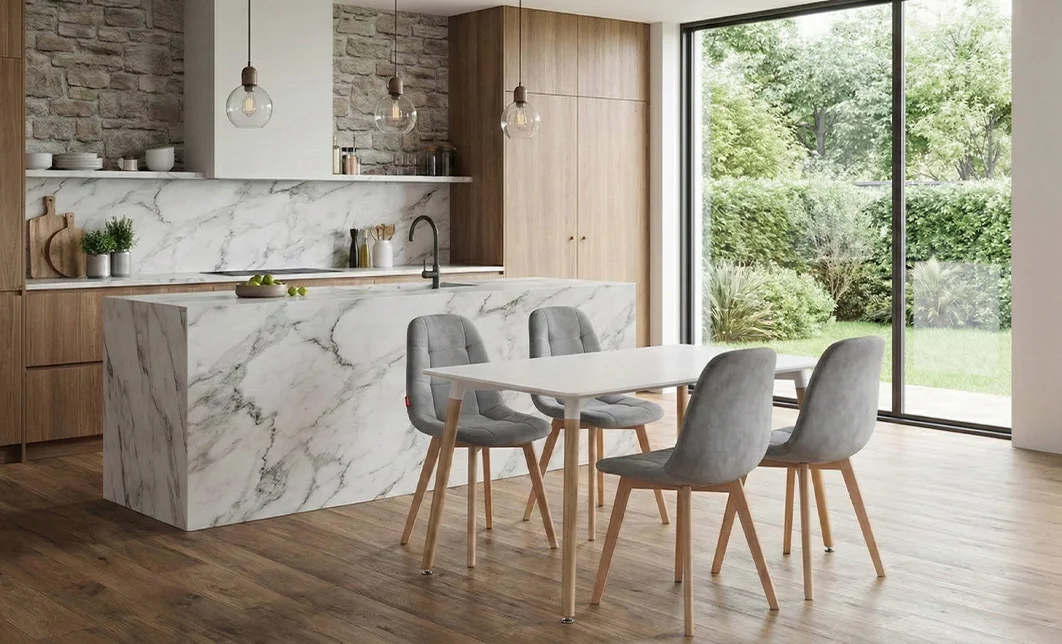 Set Masă Living SL673 Albă cu 4 Scaune KJC5304 Gri