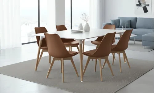 Set Masă Living SL673 Albă cu 6 Scaune de Living J901 Maro