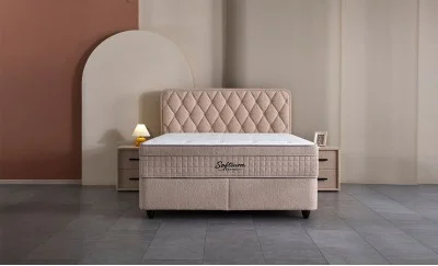 Set Pat Tapitat cu Saltea si Somiera Prestige Bej, 180x200 cm