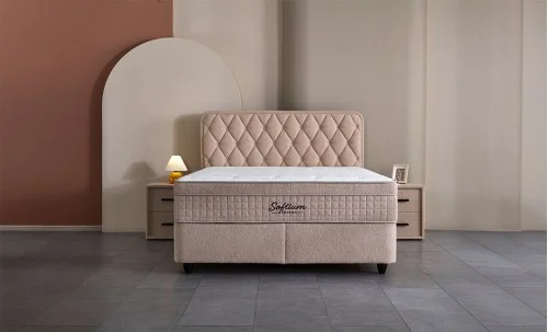 Set Pat Tapitat cu Saltea si Somiera Prestige Bej, 180x200 cm