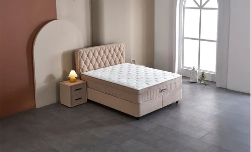 Set Pat Tapitat cu Saltea si Somiera Prestige Bej, 180x200 cm