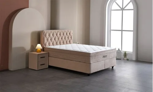 Set Pat Tapitat cu Saltea si Somiera Prestige Bej, 180x200 cm