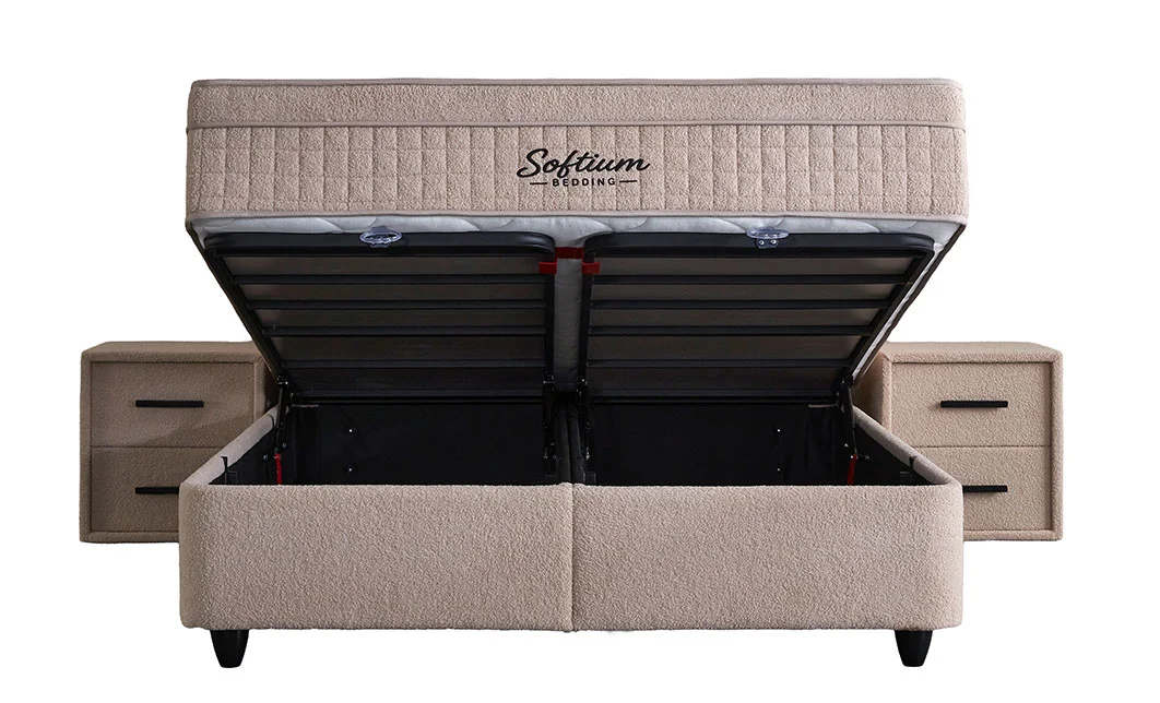 Set Pat Tapitat cu Saltea si Somiera Prestige Bej, 180x200 cm