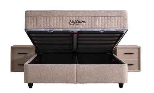 Set Pat Tapitat cu Saltea si Somiera Prestige Bej, 180x200 cm