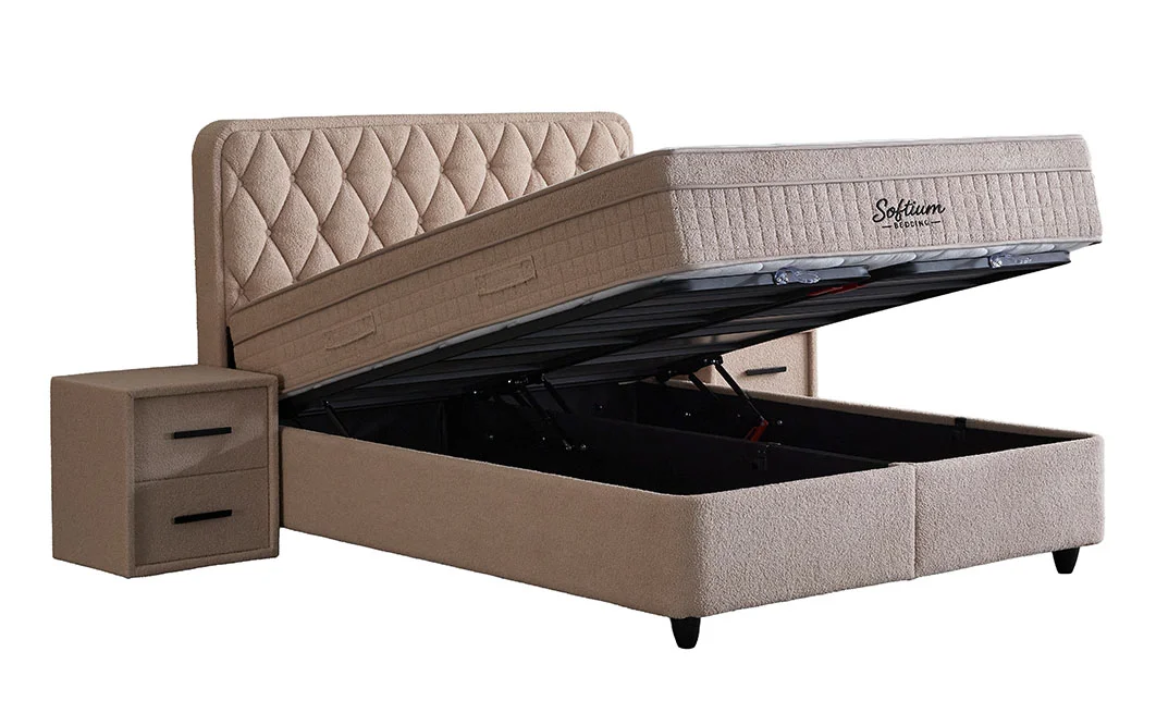 Set Pat Tapitat cu Saltea si Somiera Prestige Bej, 180x200 cm