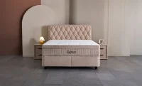 Set Pat Tapitat cu Saltea si Somiera Prestige Bej, 180x200 cm