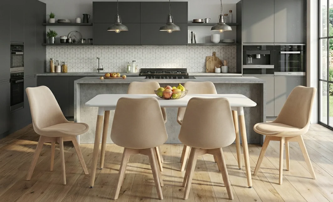 Set Masă Living SL673 Albă cu 6 Scaune de Living J901 Bej