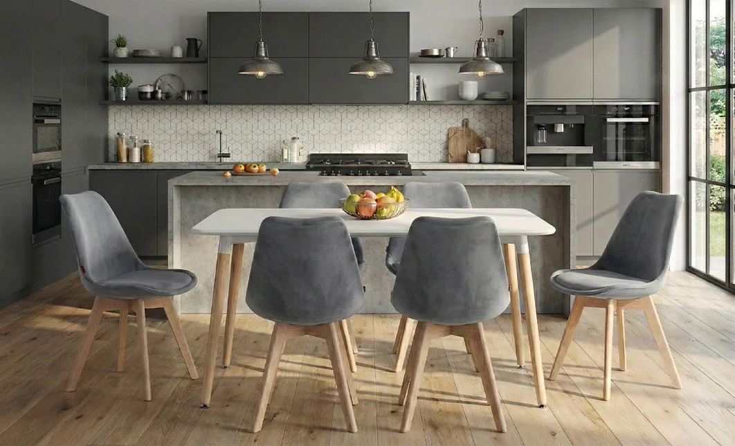 Set Masă Living SL673 Albă cu 6 Scaune de Living J901 Gri