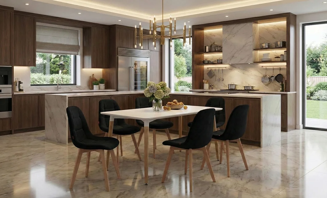 Set Masă Living SL673 Albă cu 6 Scaune de Living KJC5304 Negre