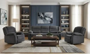 Set canapea cu 2 fotolii sistem recliner Comfort Lux Black, Gri