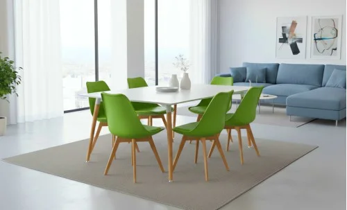 Set Masă Living SL673 Albă cu 6 Scaune de Living J900 Verzi