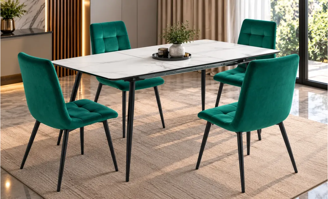 Set Masă Living Extensibilă KJT546 Bej cu 4 Scaune KJC37 Verzi