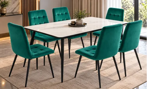 Set Masă Living Extensibilă KJT546 Bej cu 6 Scaune KJC37 Verzi