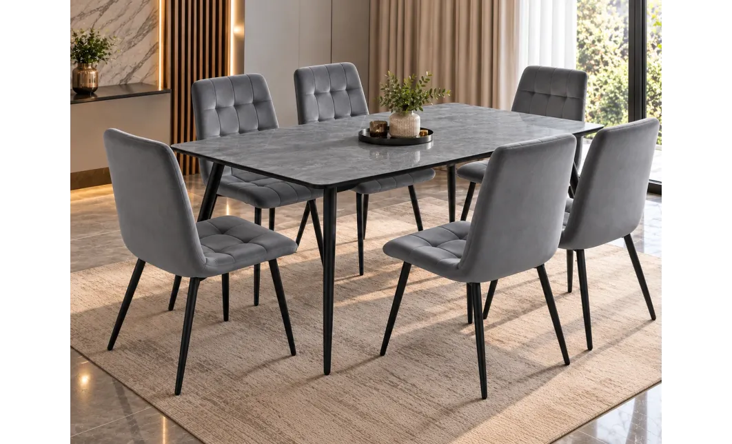 Set Masă Living Extensibilă KJT546 Gri cu 6 Scaune KJC37 Gri