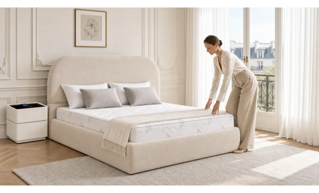 Set Pat Tapițat cu Saltea Bonell Aloe Vera și Somieră Rabatabilă KJB3861, 160x200, Bej 3