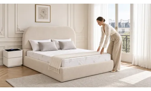 Set Pat Tapițat cu Saltea Bonell Aloe Vera și Somieră Rabatabilă KJB3861, 160x200, Bej
