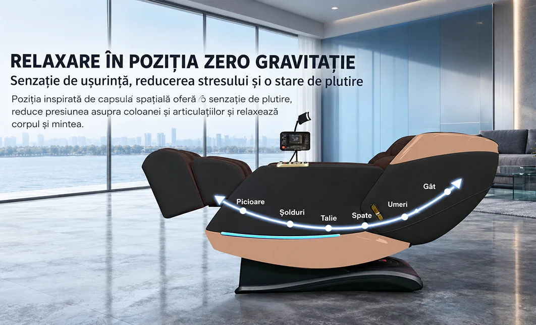Fotoliu de Masaj A101 SL Negru/Maro, Șină SL 135 cm, 6 Role, 18 Programe, Zero Gravity, Încălzire cu Pelin 7