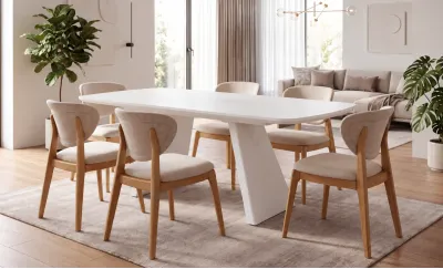 Set Masă Living Extensibilă DTW1002 Albă cu 6 Scaune DCW2703 CF Bej