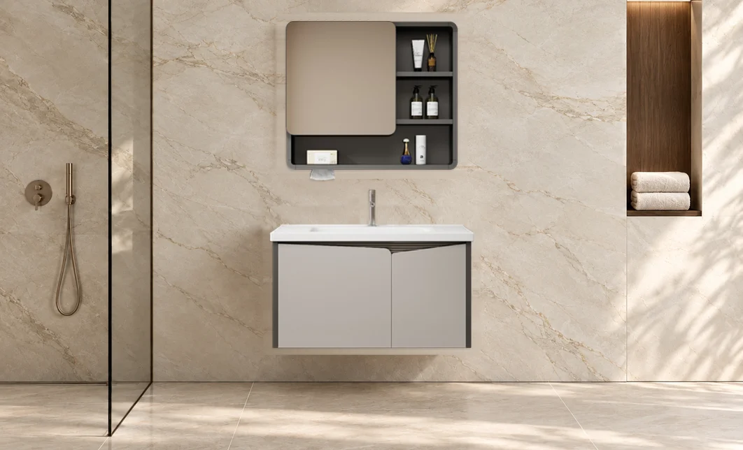 Set Mobilier Baie KJBS-26-60 Gri cu Lavoar și Oglindă