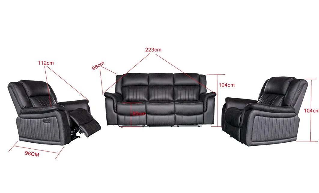 Set Canapea cu 2 Fotolii, Sistem Recliner Electric Edwina, Negru 1
