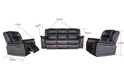 Set Canapea cu 2 Fotolii, Sistem Recliner Electric Edwina, Negru