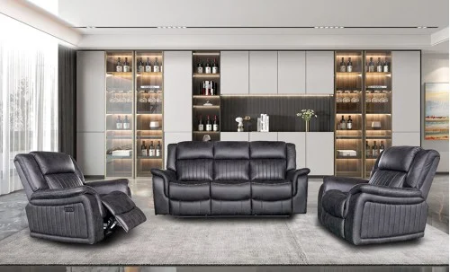 Set Canapea cu 2 Fotolii, Sistem Recliner Electric Edwina, Negru