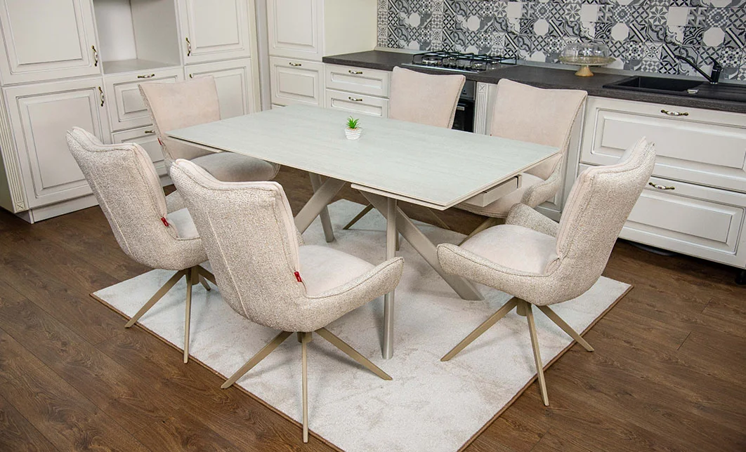 Set Masă Living Extensibilă Bej DTM0107 cu 6 Scaune DCM0607CS Bej
