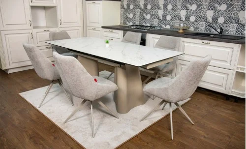 Set Masă Living Extensibilă Blat Ceramic Alb Marmura CT234 cu Set 6 Scaune DCM0108CS