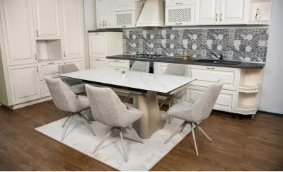 Set Masă Living Extensibilă Blat Ceramic Alb Marmura CT234 cu Set 6 Scaune DCM0108CS