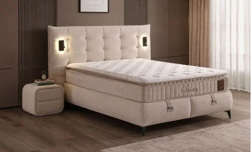 Set Pat Tapițat cu Saltea Siesta Plus și Somieră Rabatabilă, Bej, 140x200